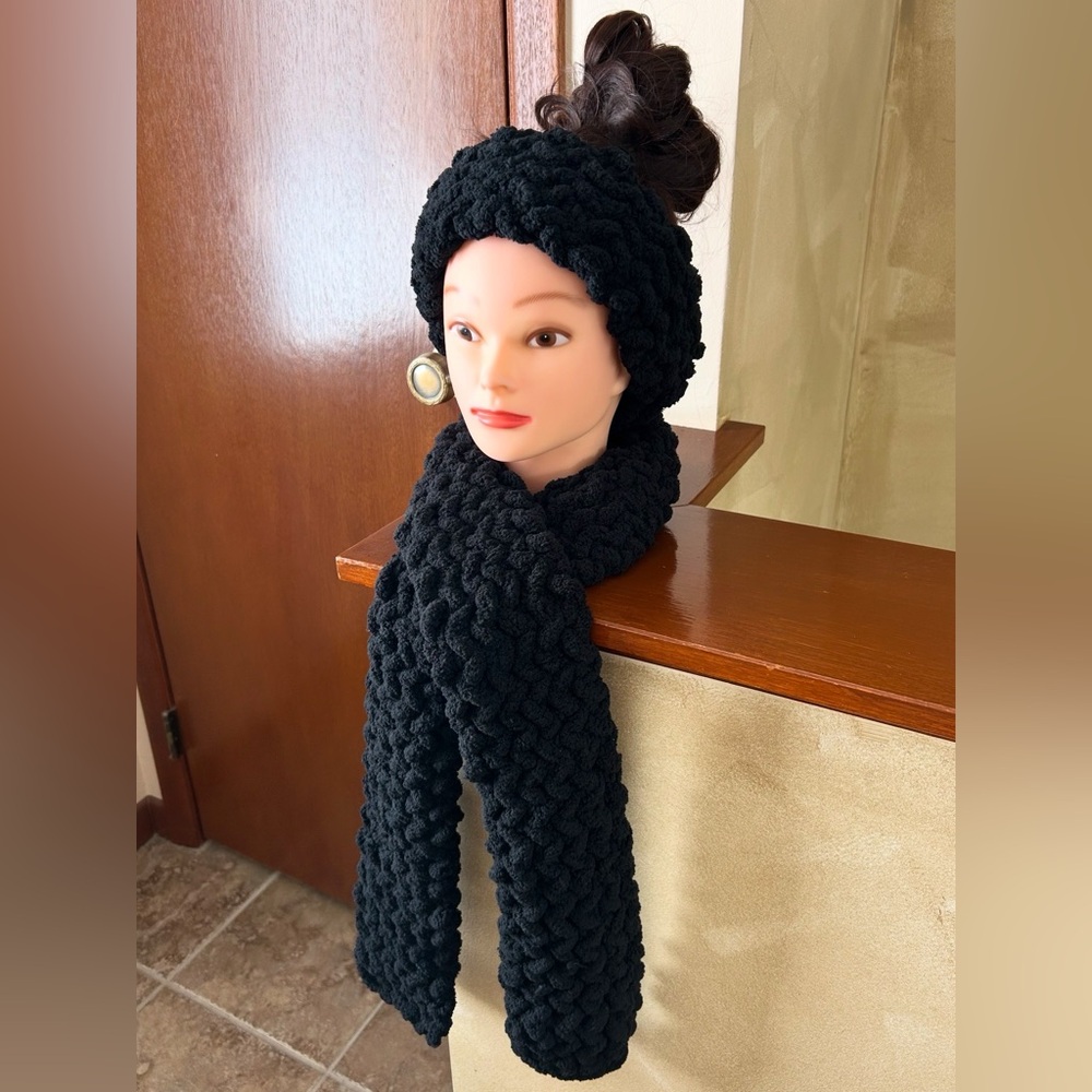 Hand-Knit Black Scarf and Headband Set